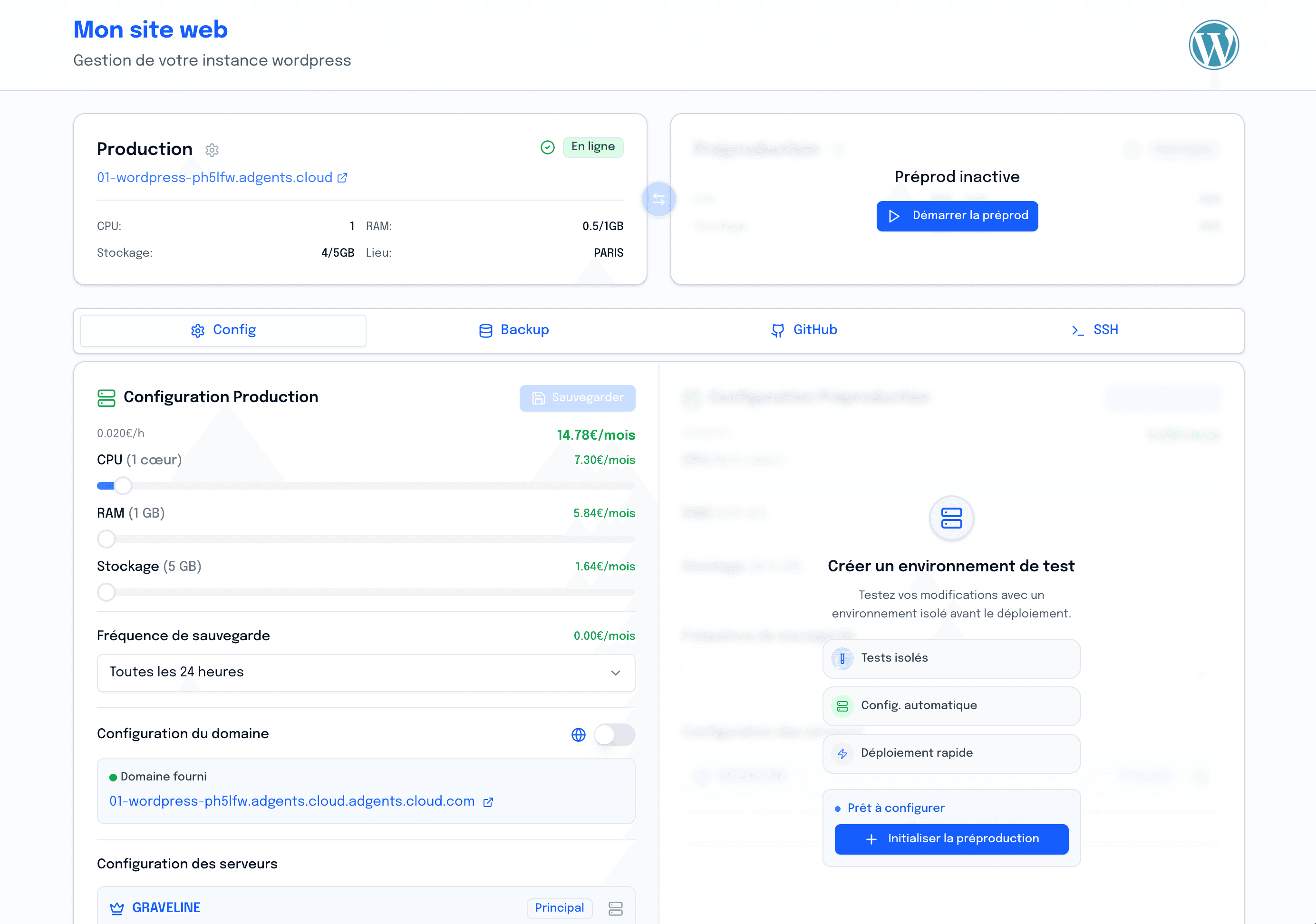Console Adgents Cloud affichant une instance en production, sa préproduction et ses ressources