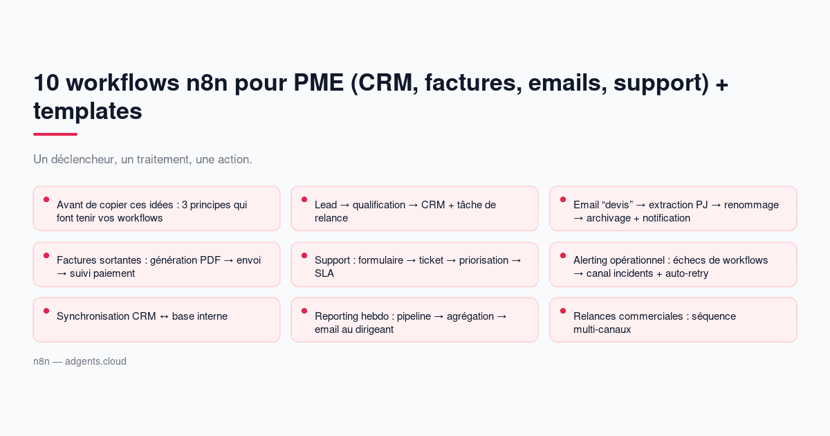 10 workflows n8n pour PME (CRM, factures, emails, support) + templates