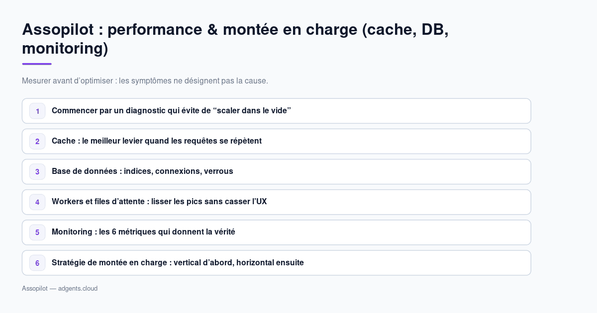 Assopilot : performance & montée en charge (cache, DB, monitoring) — guide 2026