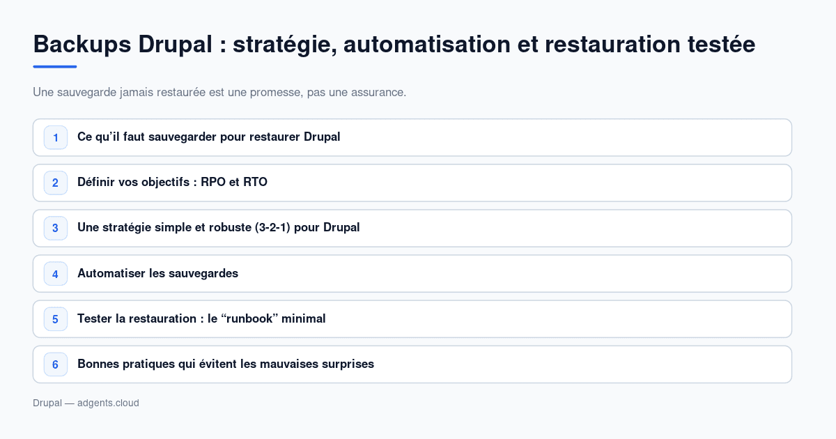 Backups Drupal : stratégie, automatisation et restauration testée (guide 2026)