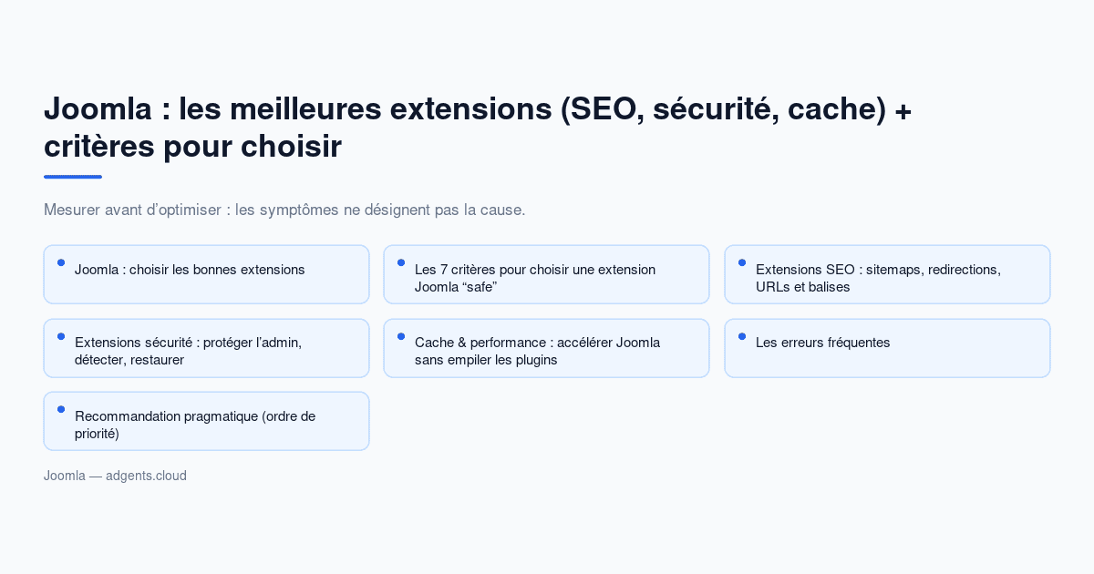Joomla : les meilleures extensions (SEO, sécurité, cache) + critères pour choisir (2026)
