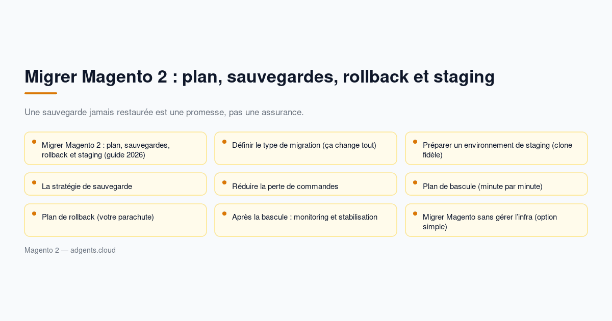 Migrer Magento 2 : plan, sauvegardes, rollback et staging (guide 2026)