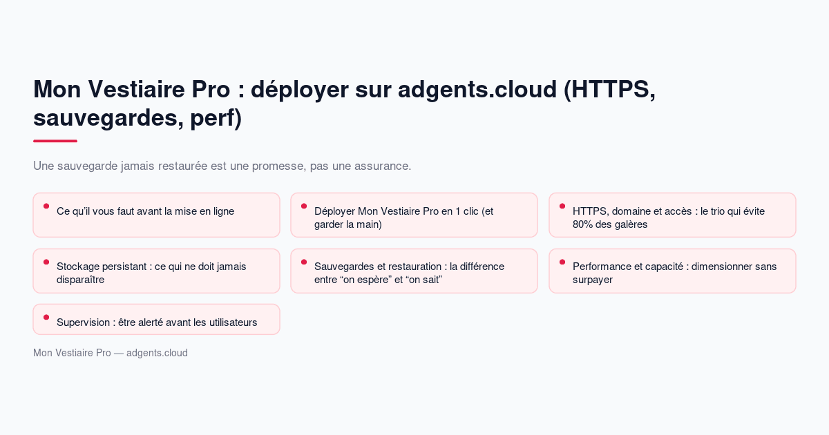 Mon Vestiaire Pro : déployer sur adgents.cloud (HTTPS, sauvegardes, perf) — guide 2026