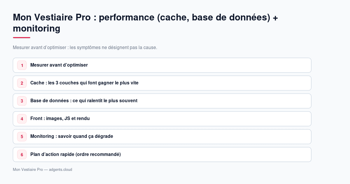 Mon Vestiaire Pro : performance (cache, base de données) + monitoring — guide 2026