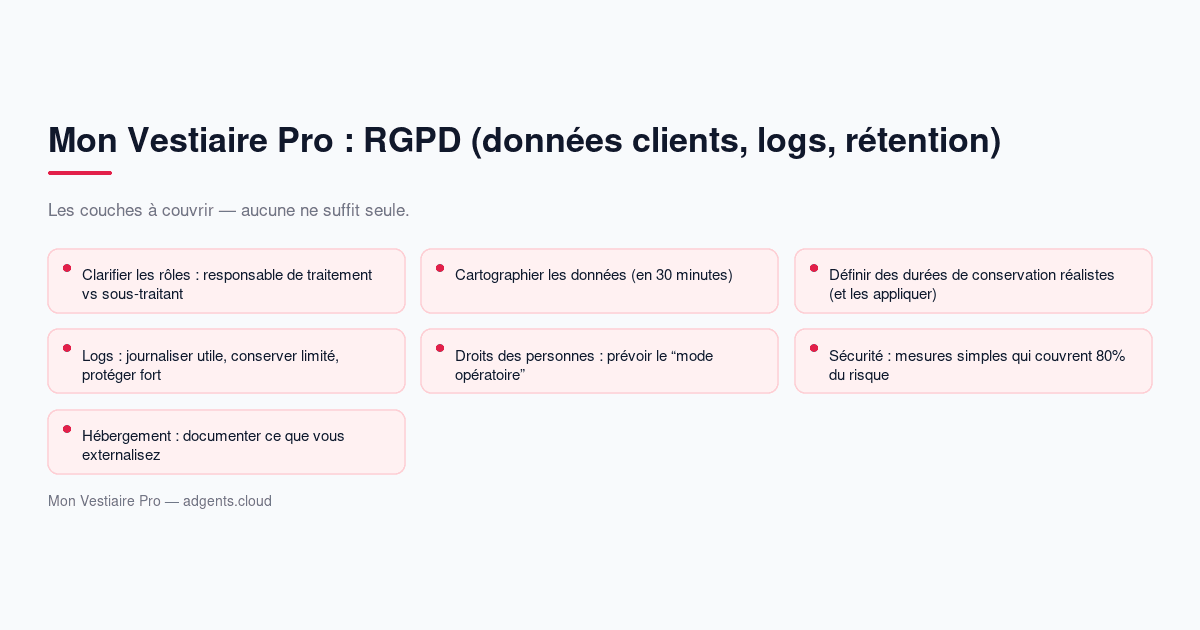 Mon Vestiaire Pro : RGPD (données clients, logs, rétention) — checklist 2026