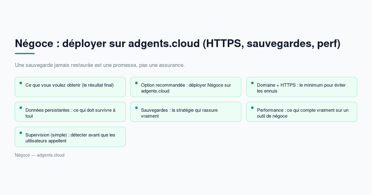Négoce : déployer sur adgents.cloud (HTTPS, sauvegardes, perf) — guide 2026