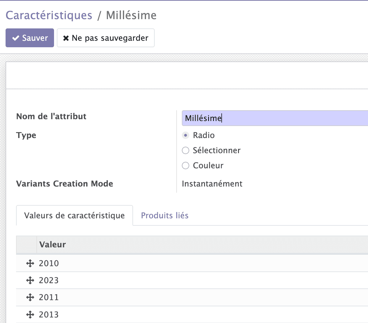 Menu des modules Négoce